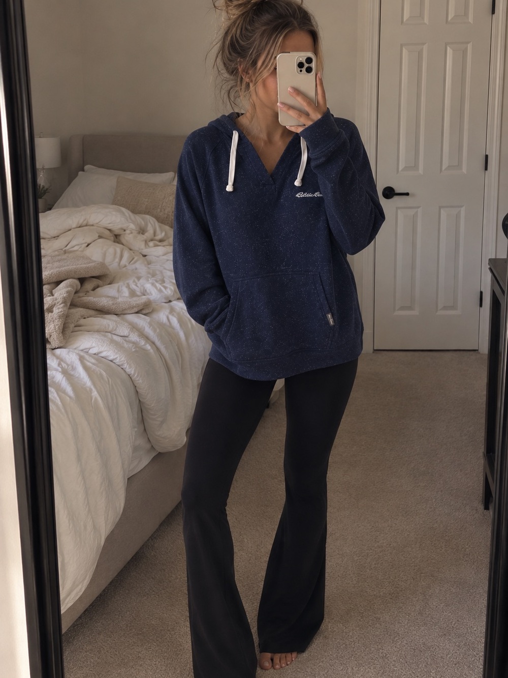 Eddie Bauer Navy Pullover Hoodie with White Drawstrings